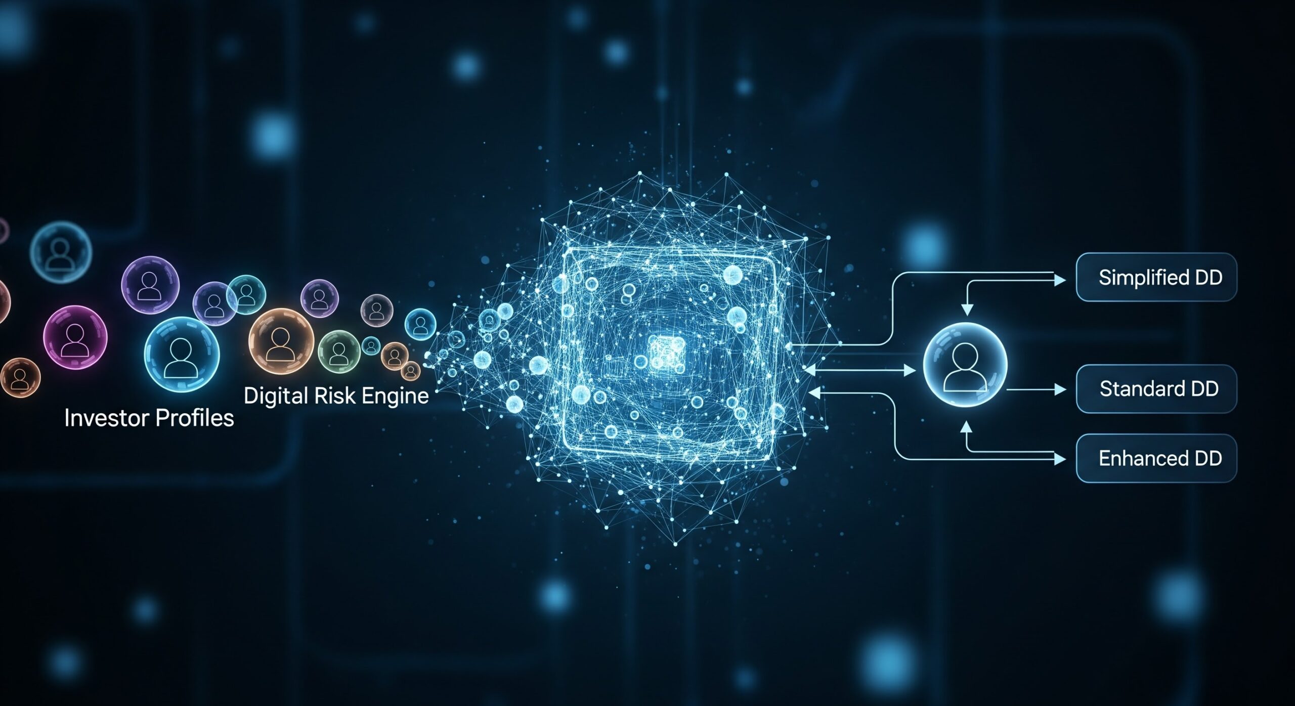 A risk matrix maps investor scores to due diligence levels: simplified, standard, or enhanced.